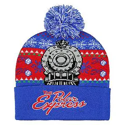 The Polar Express Men's Locomotive Fair Isle Design Embroidered Logo Cuff Top Pom Beanie Hat