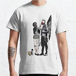 Banksy graffiti mom and punk with anarchist flag Protest Don't forget to eat your lunch and make some trouble quote on beige and white background HD HIGH QUALITY ONLINE STORE Classic T-Shirt
