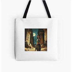 An eerie moonlit depiction of Lara Croft the iconic Tomb Raider standing amidst ancient crumbling mastabas of Egypt All Over Print Tote Bag