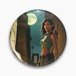 An eerie moonlit depiction of Lara Croft standing amidst ancient crumbling mastabas of Egypt and Pin