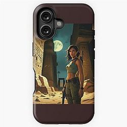 An eerie moonlit depiction of Lara Croft standing amidst the ancient crumbling mastabas of Egypt iPhone Tough Case
