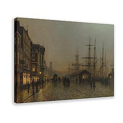 FHD Saturday Night on The River Clyde, Glasgow, John Atkinson Grimshaw, Victorian Art Print Poster Wall Art Decor Print Picture for Living Room Bedroom Decoration Style, 12x18inch Frame