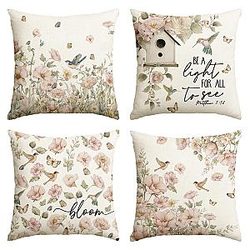 AVOID Colorlife Spring Bloom Floral Birds Throw Pillow Covers, 18 x 18 Inch Cushion Case for Sofa Living Room Home Decor Set of 4