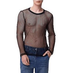 Men's Fishnet Mesh Round Neck Long Sleeve T-Shirt See Through Tops