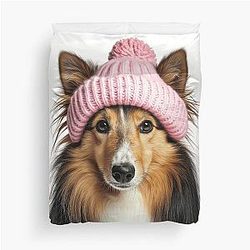 Cozy Shetland Sheepdog Wearing Pink Winter Hat Trendy Animal Fashion Artwork Duvet