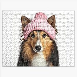 Cozy Shetland Sheepdog Wearing Pink Winter Hat Trendy Animal Fashion Artwork