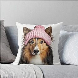 Cozy Shetland Sheepdog Wearing Pink Winter Hat Trendy Animal Fashion Artwork Throw Pillow