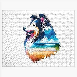 Watercolor Shetland Sheepdog Beach Jigsaw Puzzle Silhouette