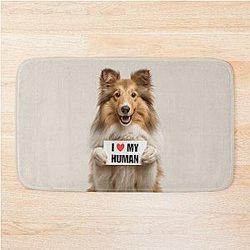 Cute Shetland Sheepdog with I love my Human Bath Mat