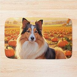Shetland Sheepdog in a Pumpkin Patch at Sunset Bath Mat