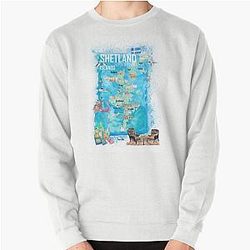 Shetland Islands Illustrated Travel Map with Tourist Highlights Pullover Sweatshirt