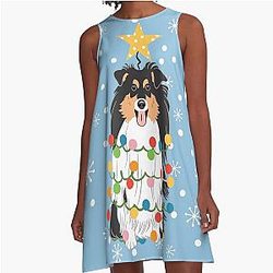 Tri Color Sheltie Shetland Sheepdog Christmas Tree A-Line Dress