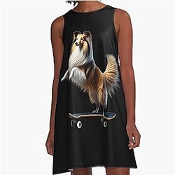 Shetland Sheepdog Riding a Skateboard Fans A-Line Dress