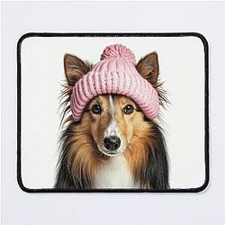 Cozy Shetland Sheepdog Wears Pink Winter Hat. Trendy Animal Artwork Mouse Pad.