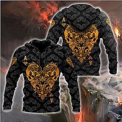 Skull Hoodie - 3D Ace Heart Skull Poker Over Printed Hoodie