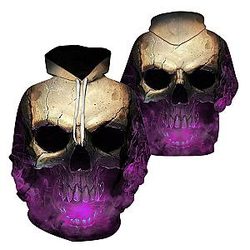 Skull Hoodie - 3D Effect Skull Print Pullover Hoodie Purple HC0602