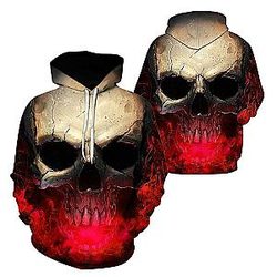 Skull Hoodie - 3D Effect Skull Print Pullover Hoodie Red HC0605