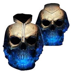 Skull Hoodie - 3D Effect Skull Print Pullover Hoodie Blue HC0603