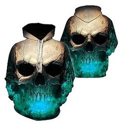 Skull Hoodie - 3D Effect Skull Print Pullover Hoodie Green HC0604