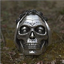 Goth Santa Muerte Ring Rose Crown Sugar Skull