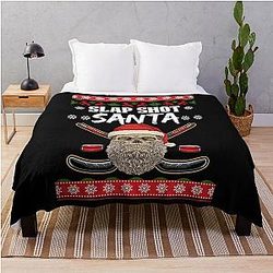 Slap Shot Santa Holiday Hockey Ugly Christmas Throw Blanket
