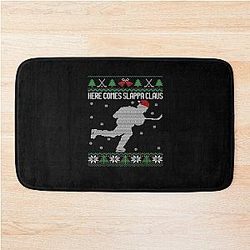 Here Comes Slappa Claus Slap Shot Ice Hockey Ugly Christmas Sweater Bath Mat
