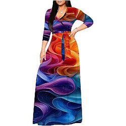 Plus Size Women's Colorful Smoke Print Maxi Dress Midi Dress with Belt