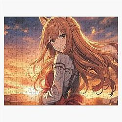 Holo at Sunset in a Wheat Field  Spice and Wolf Anime Girl Waifu Jigsaw Puzzle