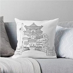 Spirited Away Bathhouse but a simple line drawing Throw Pillow RB2907