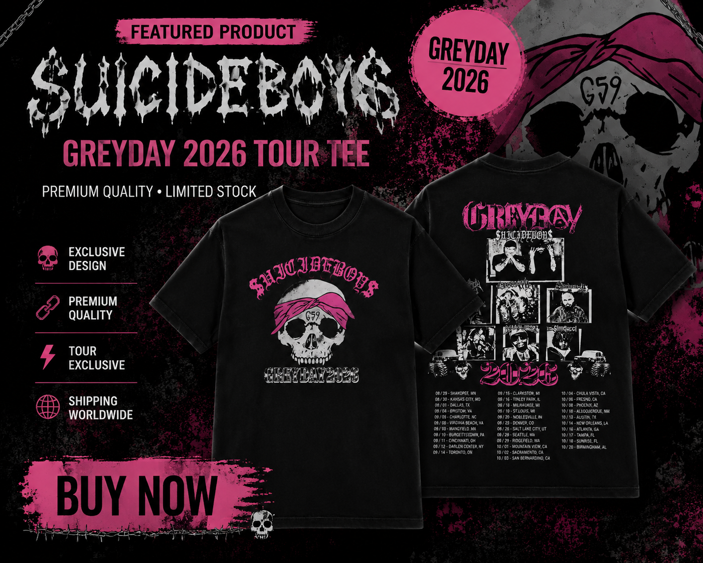 Suicide Boys Grey Day 2026 Skul HTCT2007 Suicideboys T-Shirt