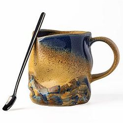 Handmade Ceramic Coffee Mugs with Coffee Spoon, 11oz Handmade Pottery Mug with Handle, Hand-painting, Unique Uneven Surface Tea cups, Dishwasher and Microwave Safe Yellow