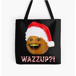 Annoying Orange Smiling with Santa Hat Over Print Tote Bag