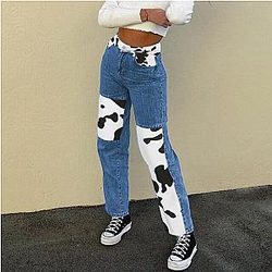 The Cow Print Jeans - Women Blue Palazzo Pants Vintage Fashion Trousers