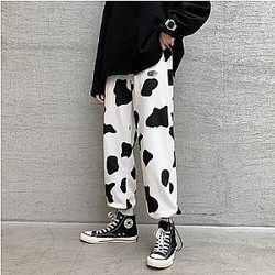 The Cow Print Pants - Casual Wide Leg Black Sweatpants With Drawstring