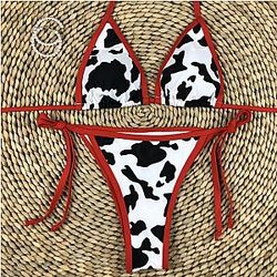 The Cow Print Bikini - Lacing up Bandage Female Swimwear Red Border