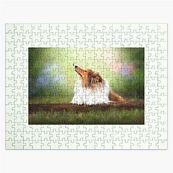 Rough Collie dog relaxes in the garden  Jigsaw Puzzle