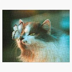 Aesthetic cat in the garden says hey to a butterfly! Jigsaw Puzzle