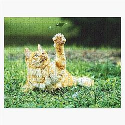 Friendly cat in the garden says hey to a leaf! Jigsaw Puzzle