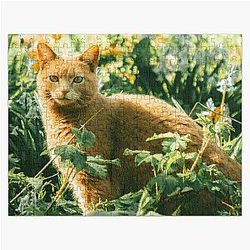 Colorful cat in the garden hiding says hey to you! Jigsaw Puzzle