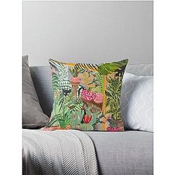 Black cat in the garden Throw Pillow