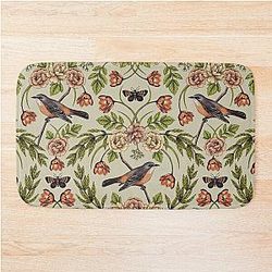 In The Garden - Nature Pattern w/ Birds, Flowers & Moths Bath Mat
