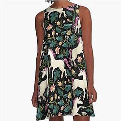 Dancing Unicorns In The Garden Fantasy Tapestry Pattern A-Line Dress