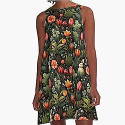 A Rabbit In The Garden Dark Floral Print A-Line Dress