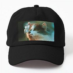 Aesthetic cat in the garden says hey to a butterfly! Dad Hat