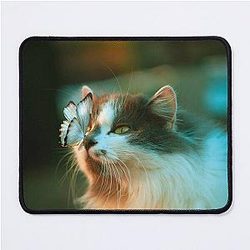 Aesthetic cat in the garden says hey to a butterfly! Mouse Pad