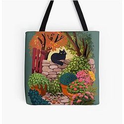 Cat in the Garden All Over Print Tote Bag