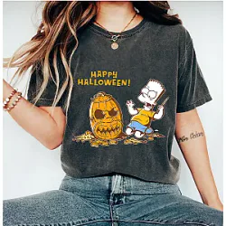 The Simpsons Washed T-shirts - Bart Carves a Homer Pumpkin Halloween