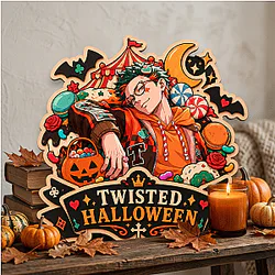 Trey Clover Twisted Halloween Stained Glass Round LA0910 Disney Twisted Wonderland Wooden Door Sign