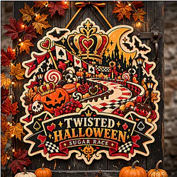 Heartslabyul Crown & Sugar Race Twisted Halloween LA0910 Disney Twisted Wonderland Wooden Door Sign