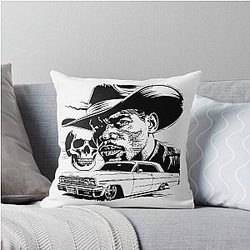 Urban Cowboy with Lowrider and Skull Bold Black and White Street Art Throw Pillow